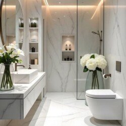 Modern marble bathroom black fixtures| Radz Renovations