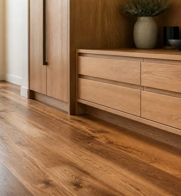 Timber flooring and custom carpentry details in a renovated home