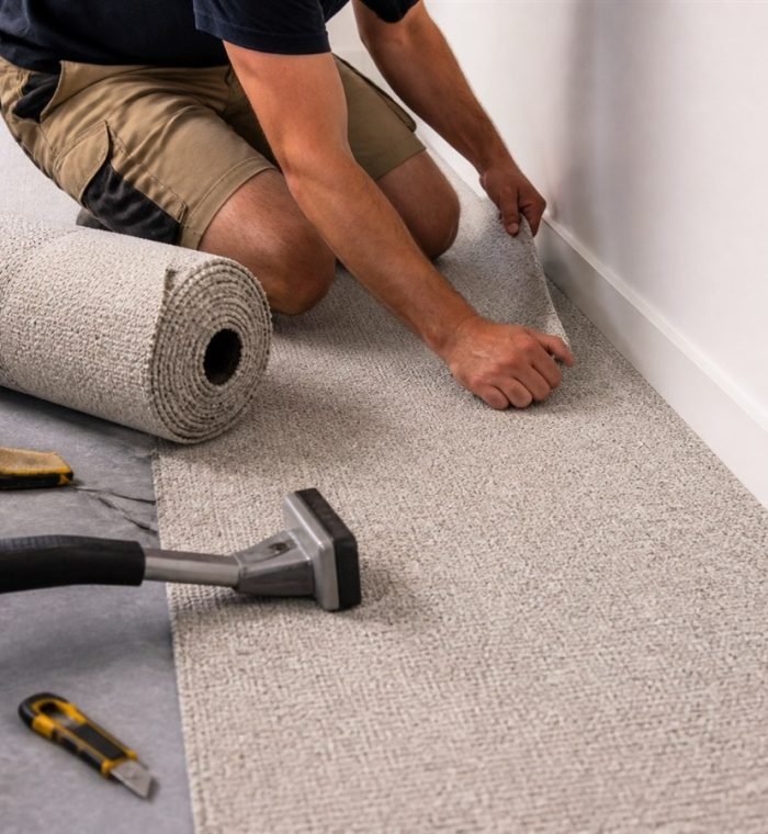 Professional carpet installation during a Sydney home renovation