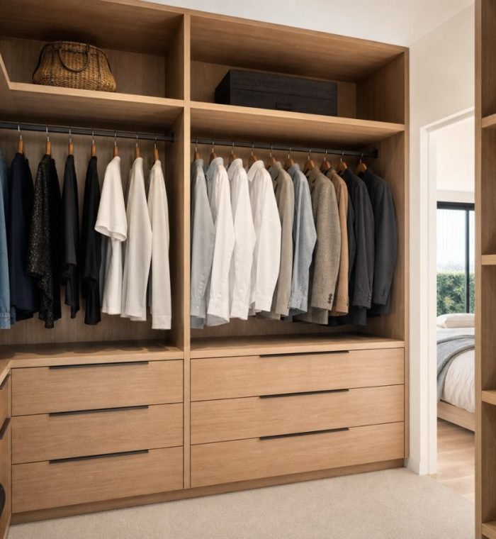 Custom wardrobe interior with shelving drawers and hanging storage