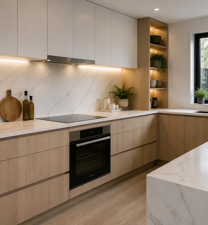 Modern renovated kitchen with cabinetry and island bench